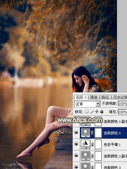 Photoshop为水边的美女图片加上暗调金秋色