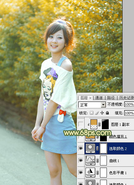 Photoshop打造柔美的秋季暗调橙绿色外景美女图片