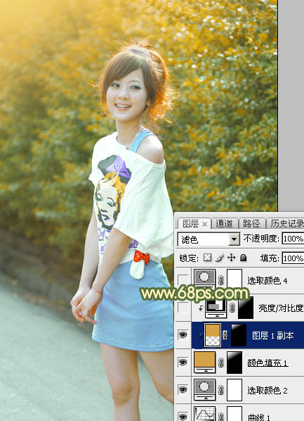 Photoshop打造柔美的秋季暗调橙绿色外景美女图片