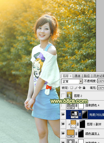 Photoshop打造柔美的秋季暗调橙绿色外景美女图片