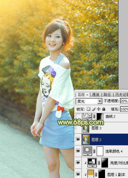 Photoshop打造柔美的秋季暗调橙绿色外景美女图片