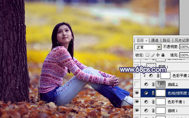 Photoshop给大树下的美女加上甜美的橙黄秋季色