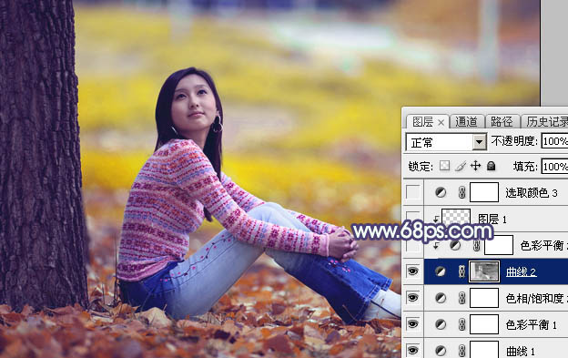Photoshop给大树下的美女加上甜美的橙黄秋季色