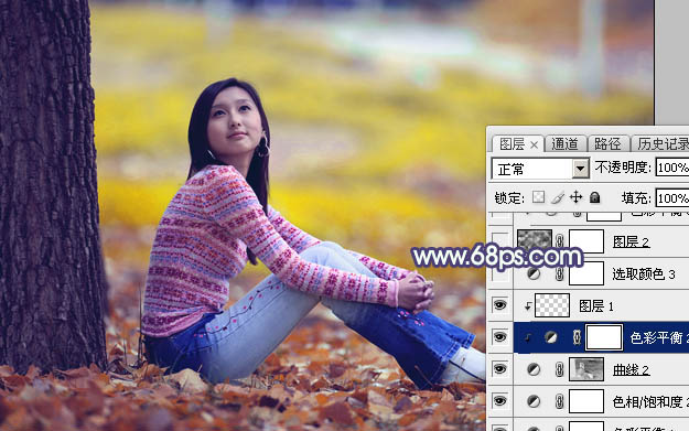 Photoshop给大树下的美女加上甜美的橙黄秋季色