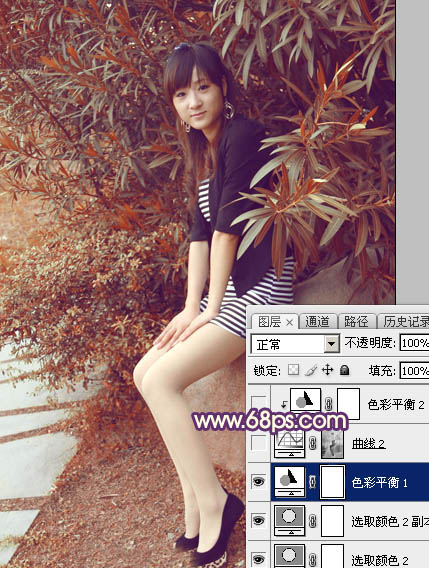 Photoshop为外景美女图片打造流行的秋季红蓝色效果