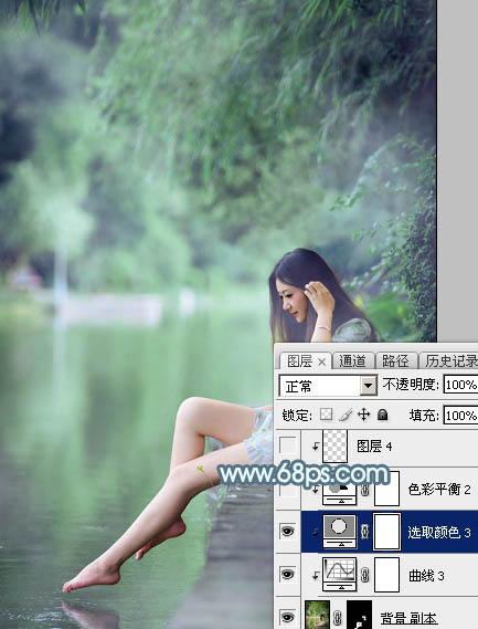 Photoshop将水边的美女调制出淡淡的青绿蜜糖色