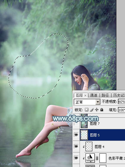 Photoshop将水边的美女调制出淡淡的青绿蜜糖色