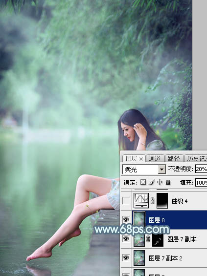 Photoshop将水边的美女调制出淡淡的青绿蜜糖色