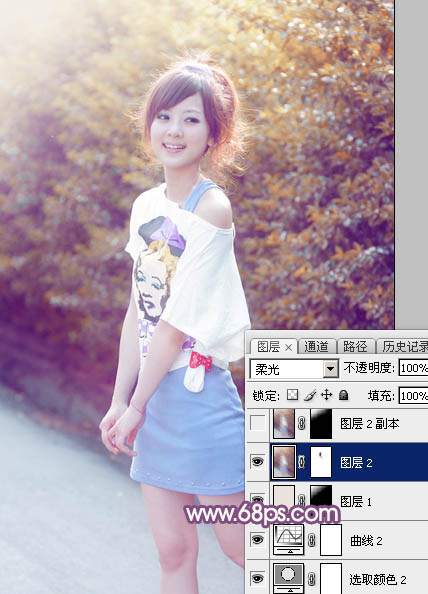 Photoshop为绿叶边的美女加上梦幻的红褐色