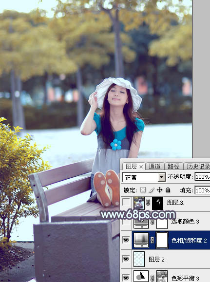 Photoshop给公园长凳上的美女调制出秋季蓝黄色