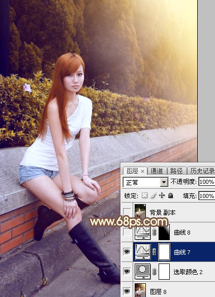 Photoshop将偏暗的树边美女调制出绚丽的阳光色