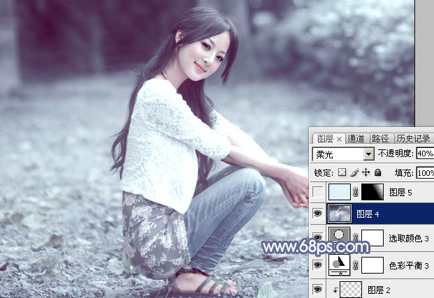 Photoshop将外景美女图片打造唯美的冬季淡蓝色