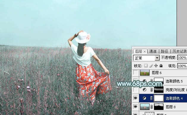 Photoshop为花丛中的美女图片打造柔美的中性淡青色