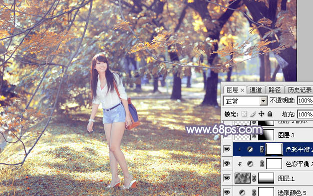 Photoshop为树林美女图片调制出秋季唯美阳光色