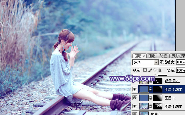 Photoshop将铁轨美女图片打造唯美的小清新青蓝色特效