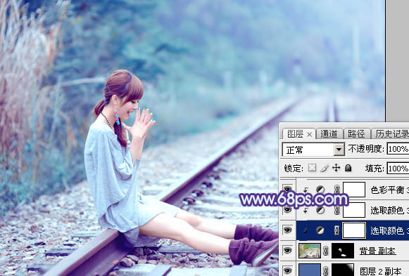 Photoshop将铁轨美女图片打造唯美的小清新青蓝色特效