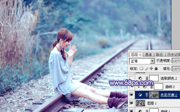 Photoshop将铁轨美女图片打造唯美的小清新青蓝色特效