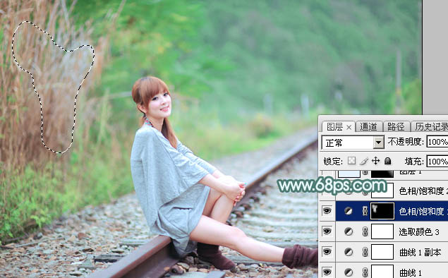 Photoshop将铁轨美女打造甜美的春季淡绿色特效