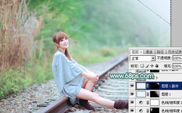 Photoshop将铁轨美女打造甜美的春季淡绿色特效