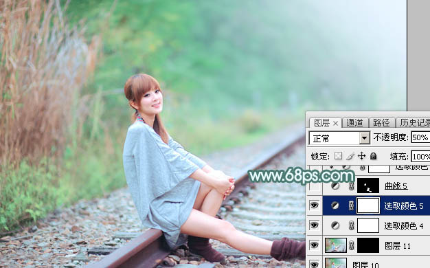 Photoshop将铁轨美女打造甜美的春季淡绿色特效