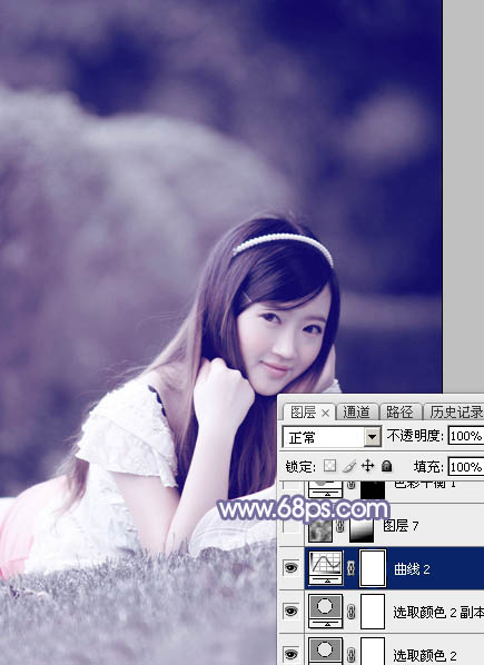 Photoshop将外景美女图片打造甜美的中性淡蓝色