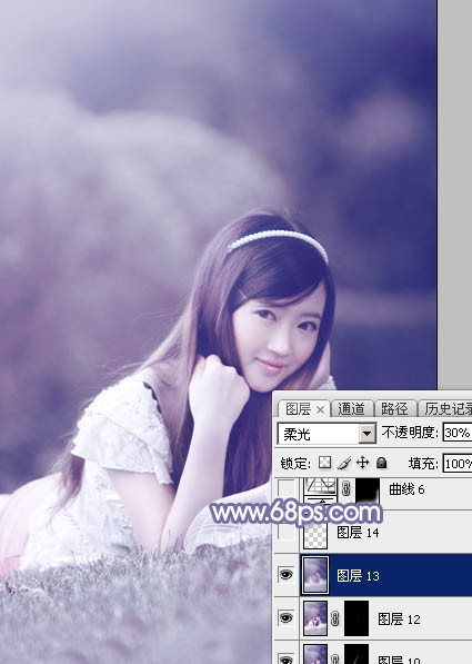 Photoshop将外景美女图片打造甜美的中性淡蓝色