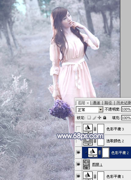 Photoshop快速打造淡蓝色梦幻树林美女图片