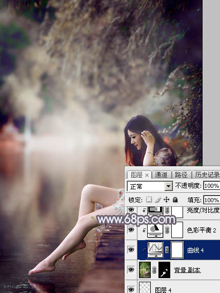 Photoshop将水景美女图片打造唯美的中性蓝红色
