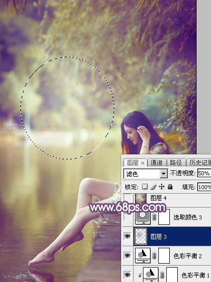 Photoshop将池塘边的美女调出清爽的橙黄色