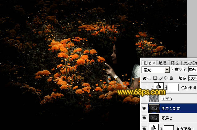 Photoshop为野花中的美女调制出高对比的晨曦暖色调