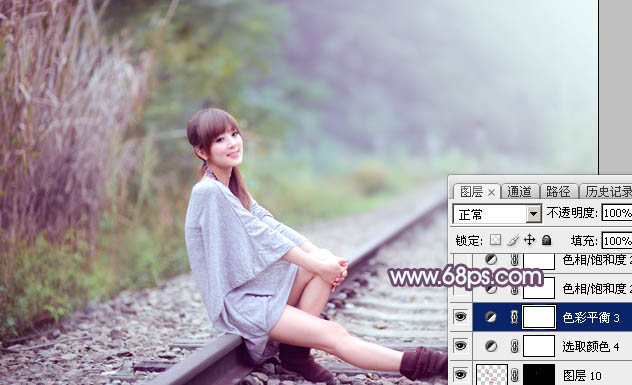 Photoshop为春季外景美女图片打造出小清新的蓝绿色