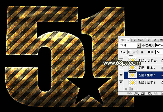 Photoshop制作超酷的条纹五一金色锈迹立体字