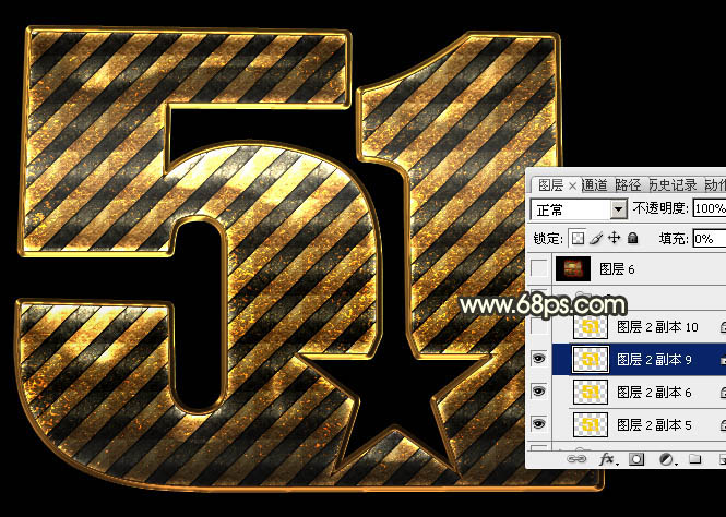 Photoshop制作超酷的条纹五一金色锈迹立体字