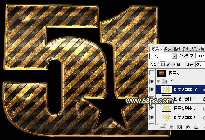Photoshop制作超酷的条纹五一金色锈迹立体字