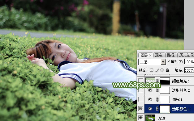 Photoshop将草地上的美女图片增加唯美的春季粉绿色