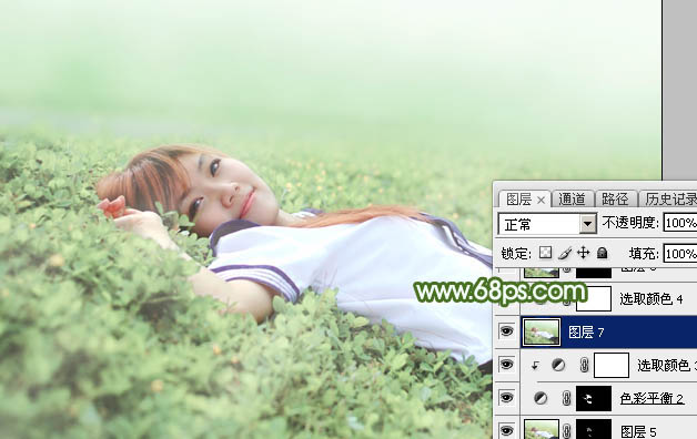 Photoshop将草地上的美女图片增加唯美的春季粉绿色