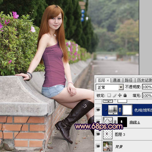 Photoshop为景区美女更换衣服颜色增加昏暗的高对比晨曦色