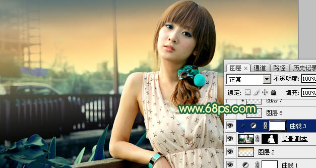 Photoshop为街道边的美女加上暗调青黄色