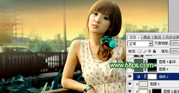 Photoshop为街道边的美女加上暗调青黄色