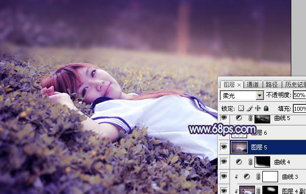 Photoshop将草地人物图片调制出柔美的梦幻暗调蓝黄色