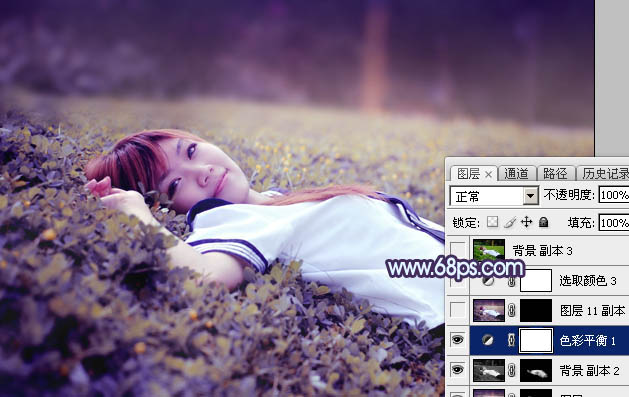Photoshop将草地人物图片调制出柔美的梦幻暗调蓝黄色