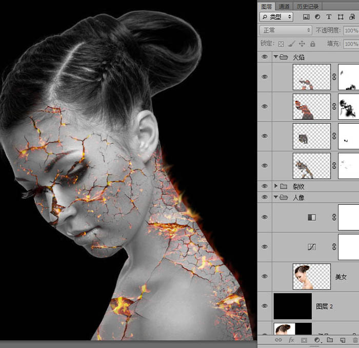 Photoshop为美女加上超酷的火焰碎片效果