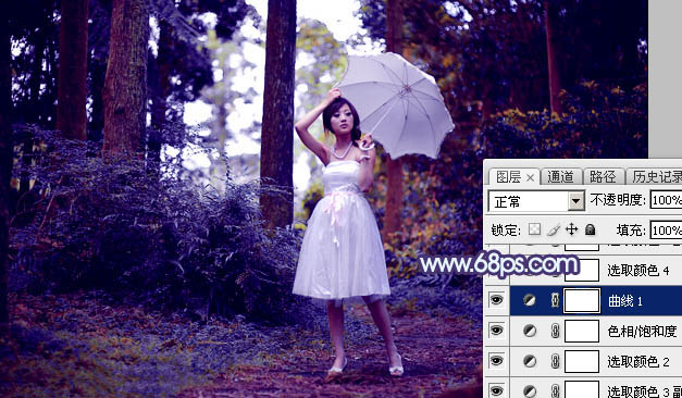 Photoshop为密林中的美女增加梦幻透射阳光色