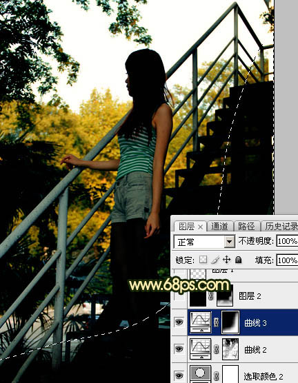 Photoshop将阶梯上的人物加上唯美的暗红逆光