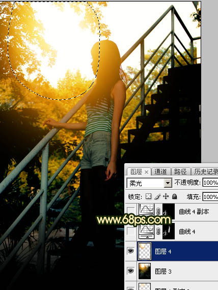 Photoshop将阶梯上的人物加上唯美的暗红逆光