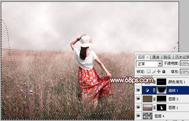 Photoshop调出为梦幻的粉色晨雾草原人物图片