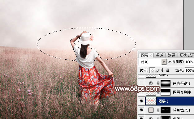 Photoshop调出为梦幻的粉色晨雾草原人物图片