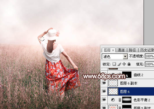 Photoshop调出为梦幻的粉色晨雾草原人物图片