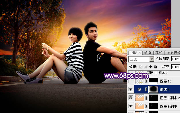 Photoshop为街拍情侣加上昏暗的晨曦色