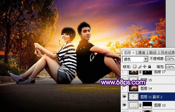 Photoshop为街拍情侣加上昏暗的晨曦色